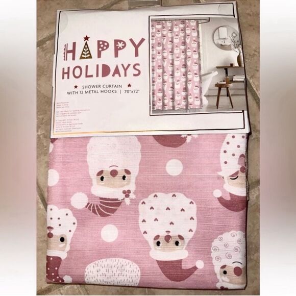 New Pink Santa Shower Curtain with Shower Hooks - Picture 5 of 8